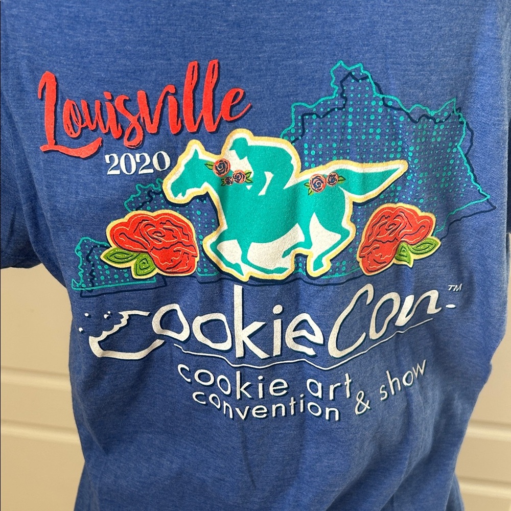 Women’s Stylish Fitted Blue Graphic V-Neck Tee Louisville 2020 Cookie Con Size L - Picture 6 of 9